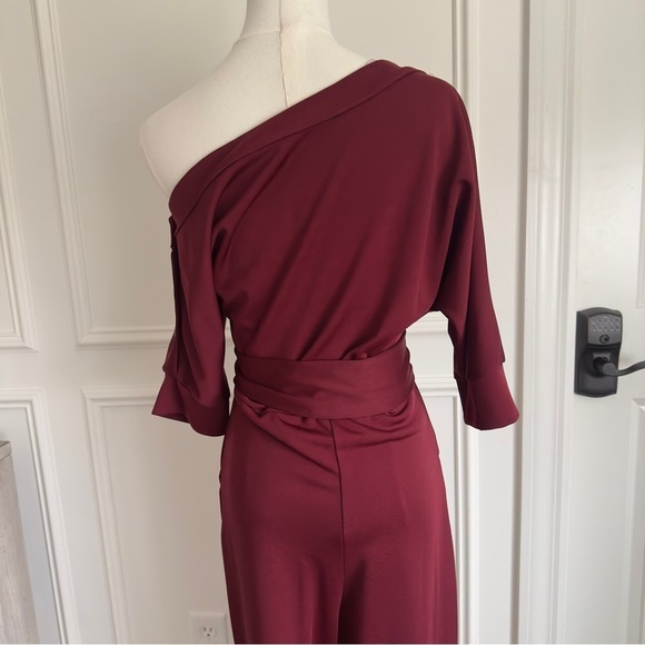 Burgundy Dressy Jumpsuits for Women - Loose, Off-Shoulder, Elastic Waist Small - Picture 4 of 5